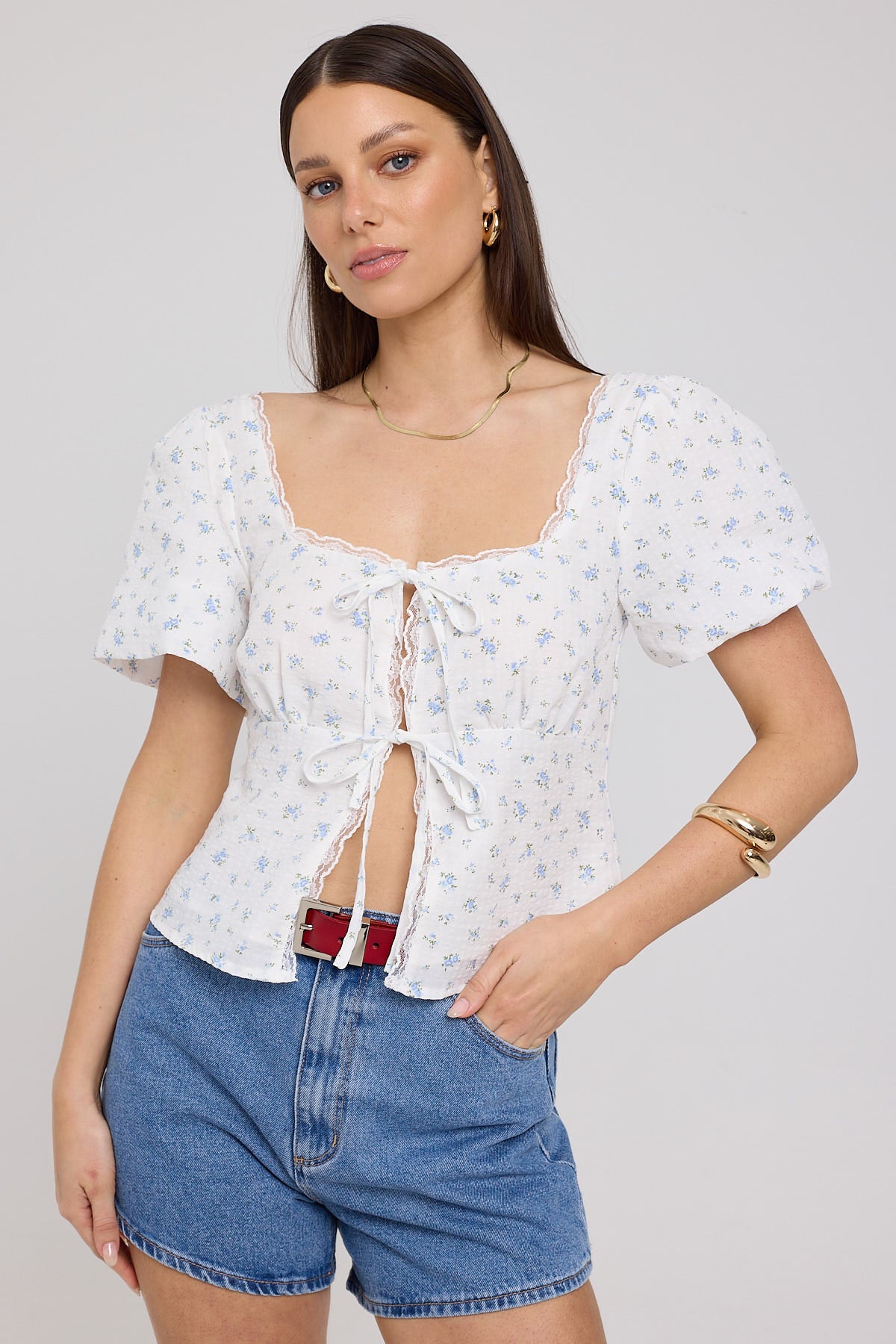 Luck & Trouble Allora Floral Short Sleeve Top Blue Floral - Image 3