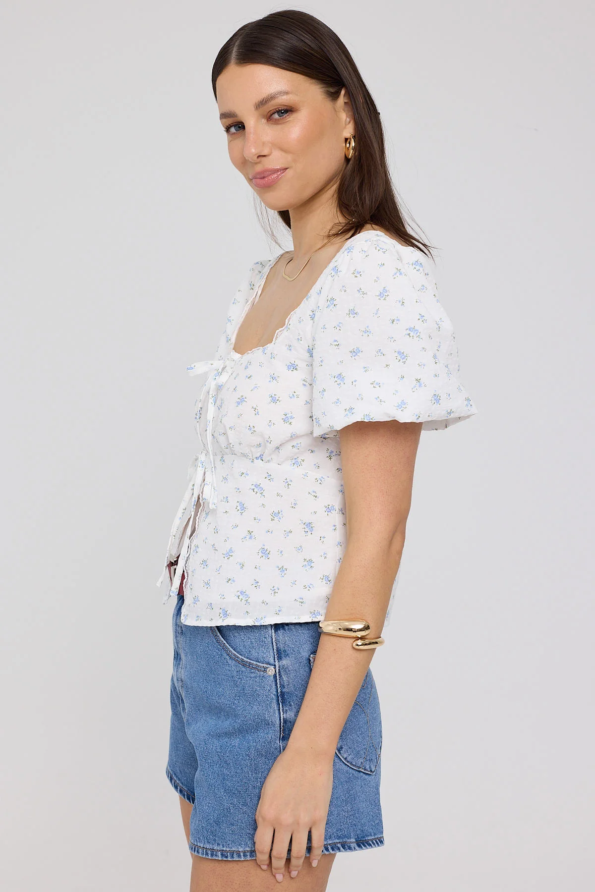 Luck & Trouble Allora Floral Short Sleeve Top Blue Floral - Image 4