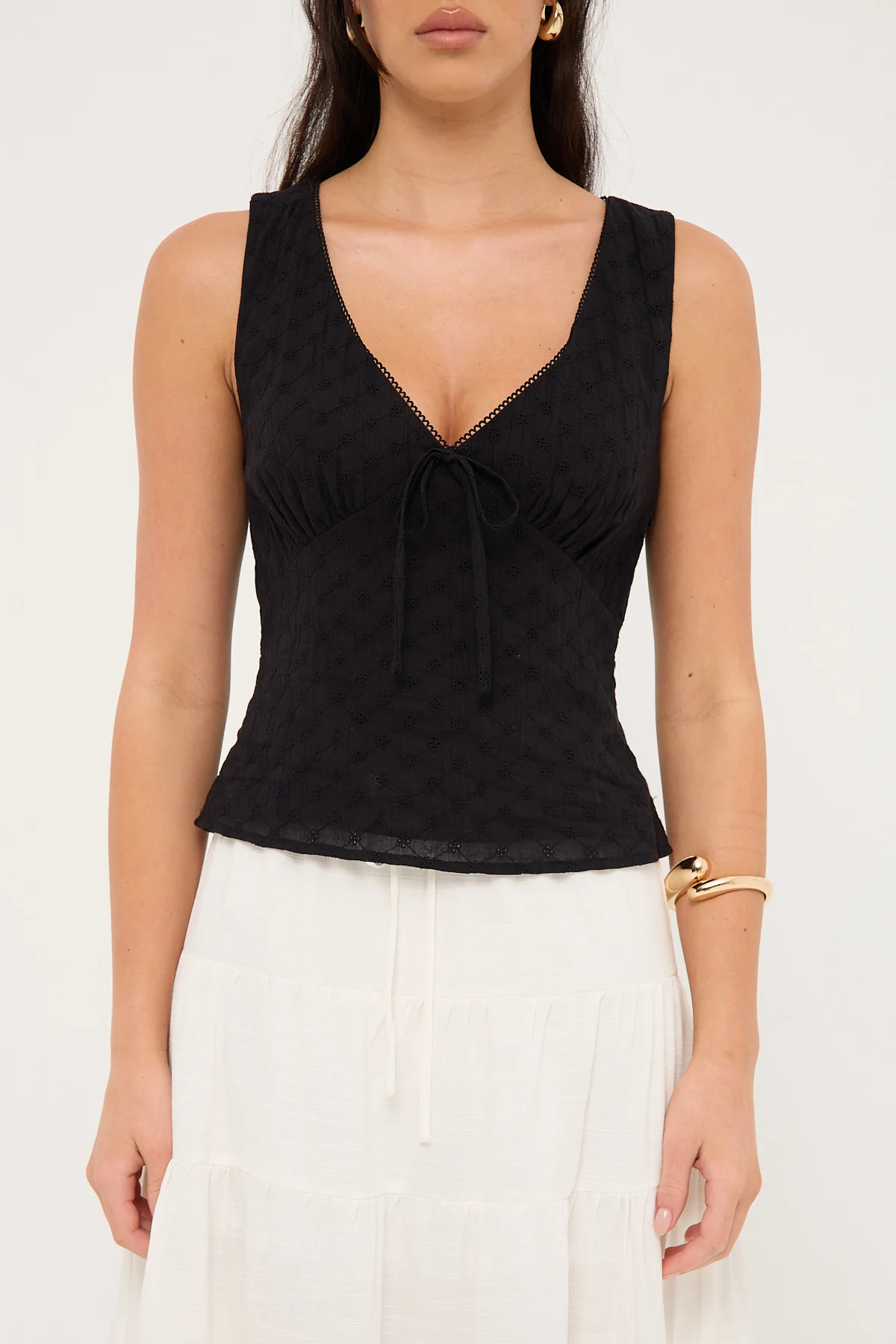 Luck & Trouble Gracie V Neck Broderie Top Black - Image 7
