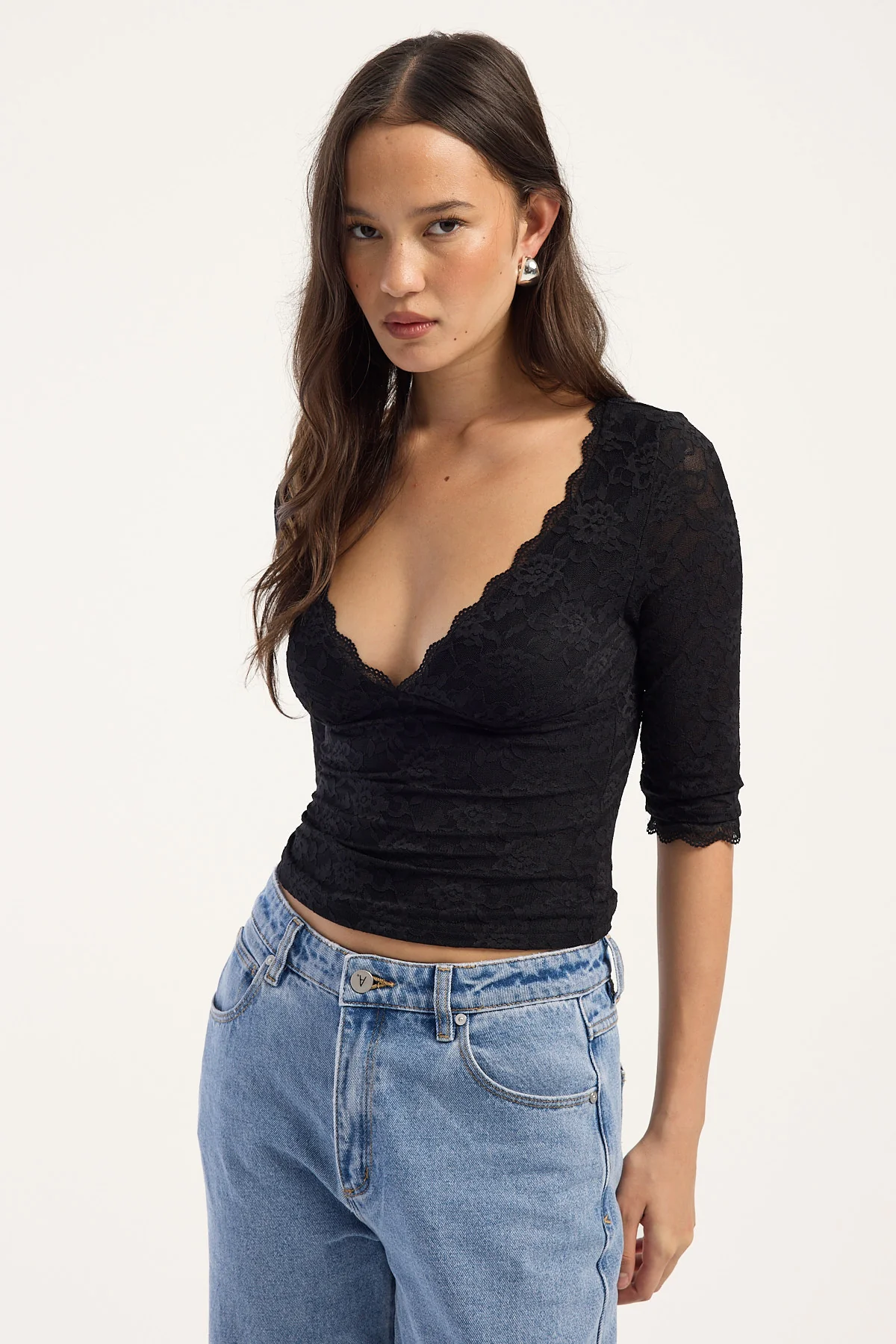 Luck & Trouble Maria Lace 3/4 Sleeve V Neck Top Black - Image 4
