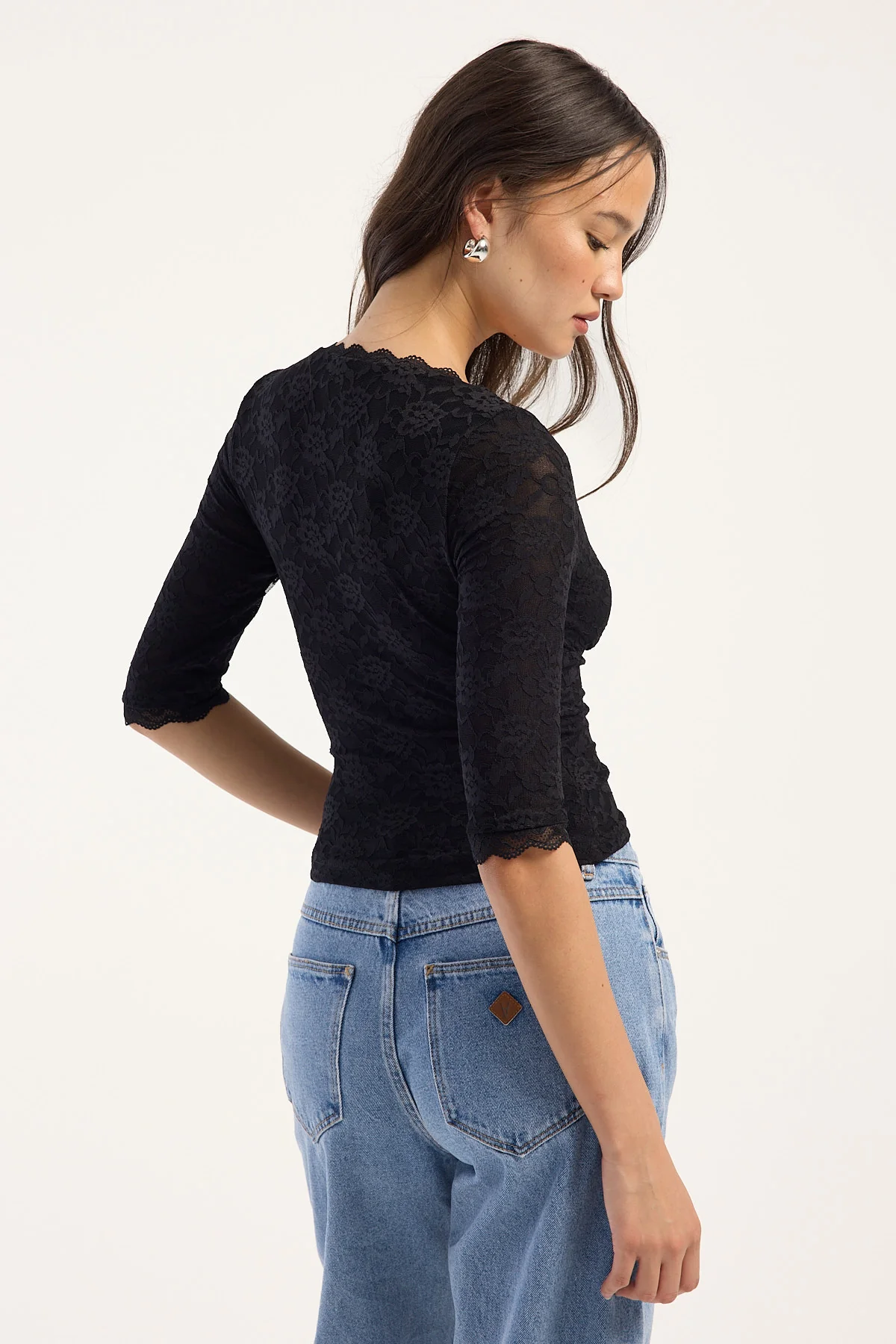 Luck & Trouble Maria Lace 3/4 Sleeve V Neck Top Black - Image 5