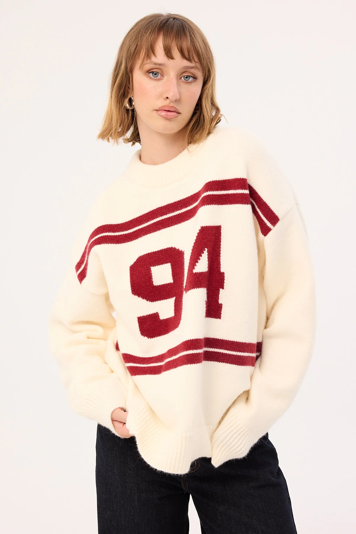 Luck & Trouble Sports Intarsia Knit Jumper Cream - Image 2
