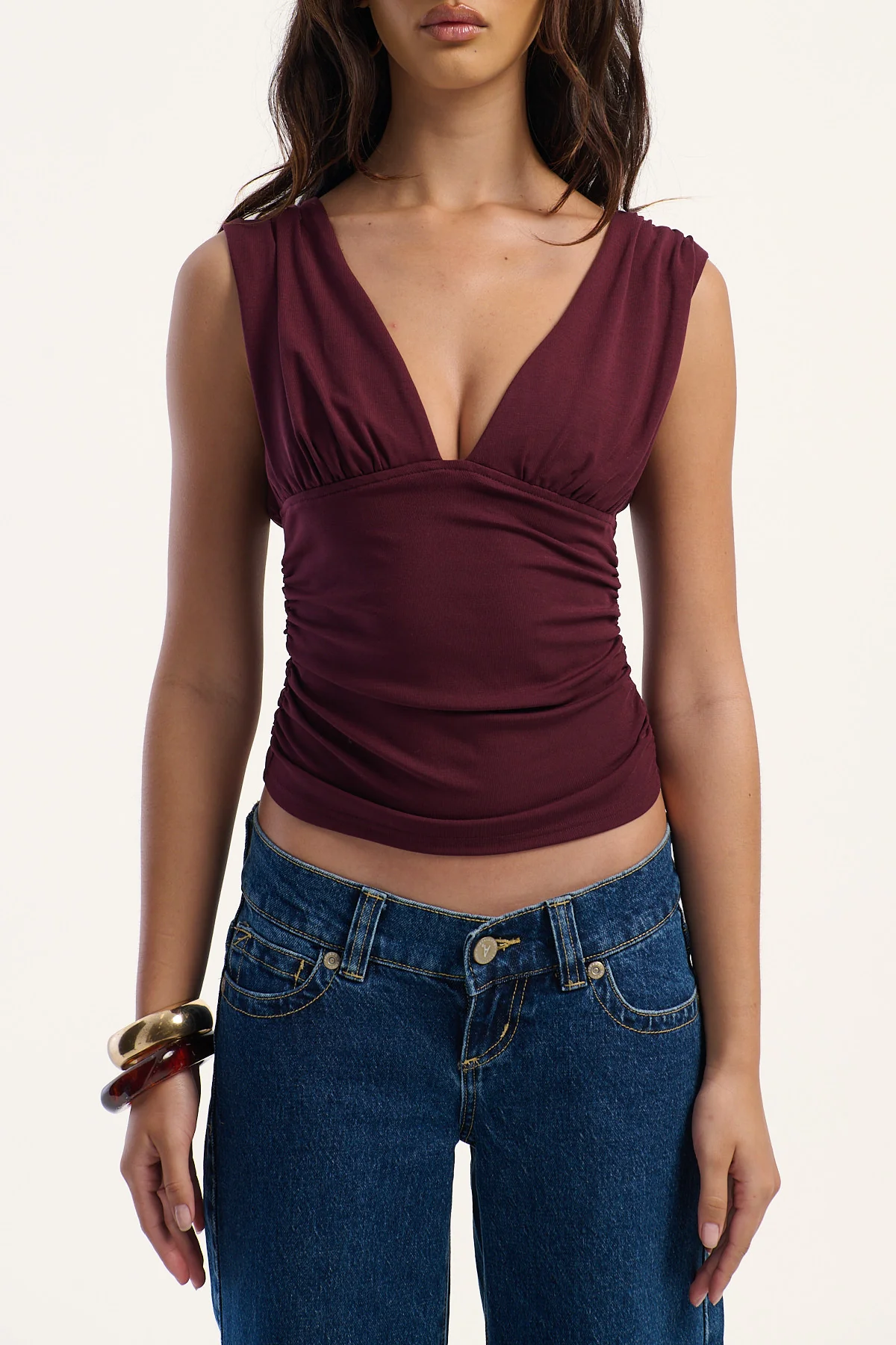 Luck & Trouble Vivi Ruched  V Neck Top Plum - Image 6