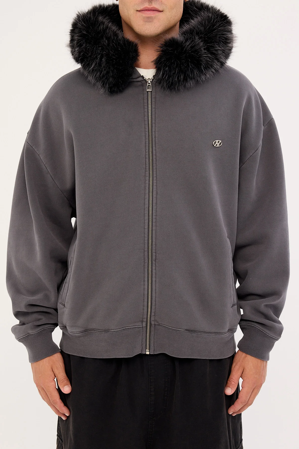 Neovision Frosted Faux Fur Zip Through Street Hoodie Washed Black - Image 10