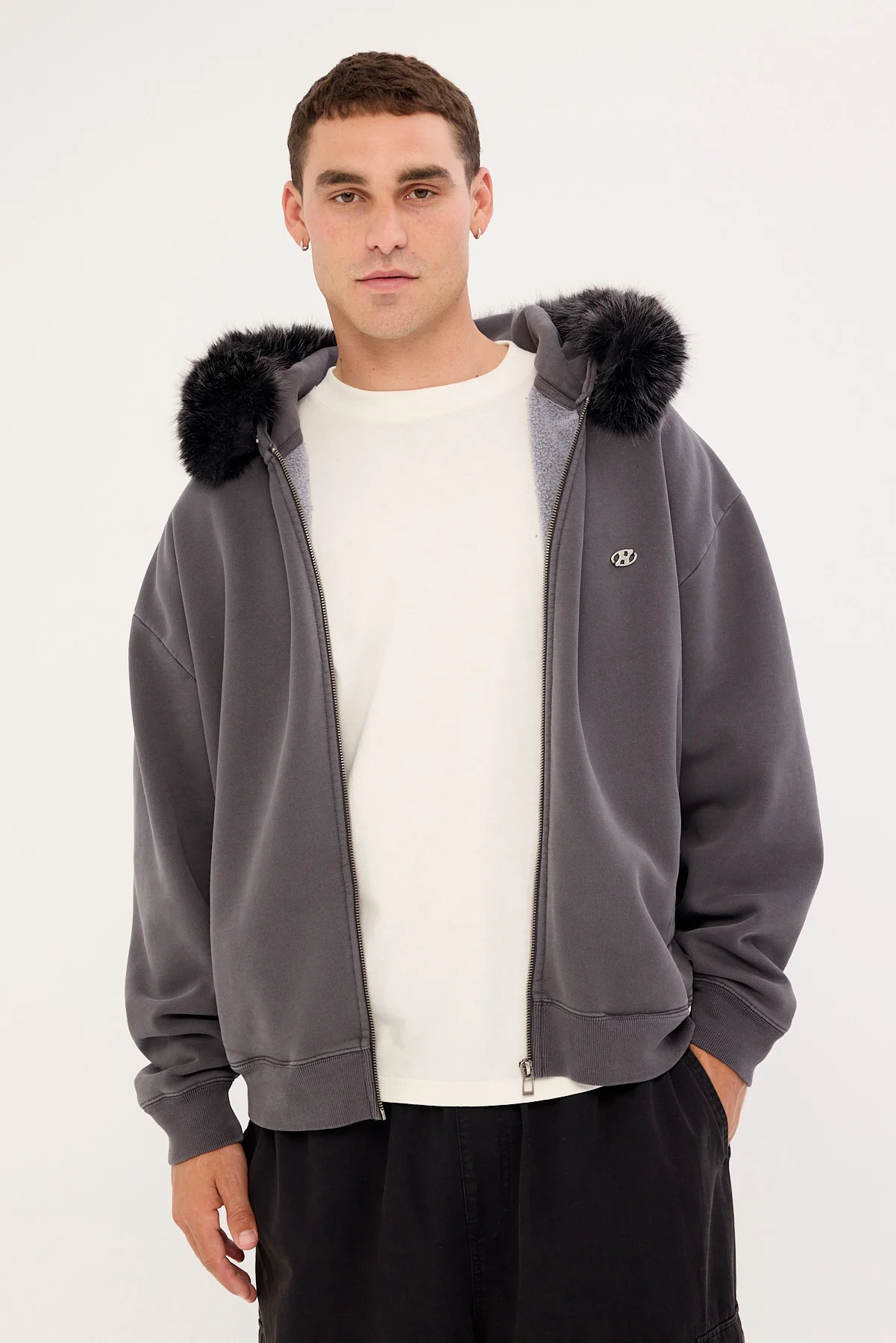 Neovision Frosted Faux Fur Zip Through Street Hoodie Washed Black - Image 2