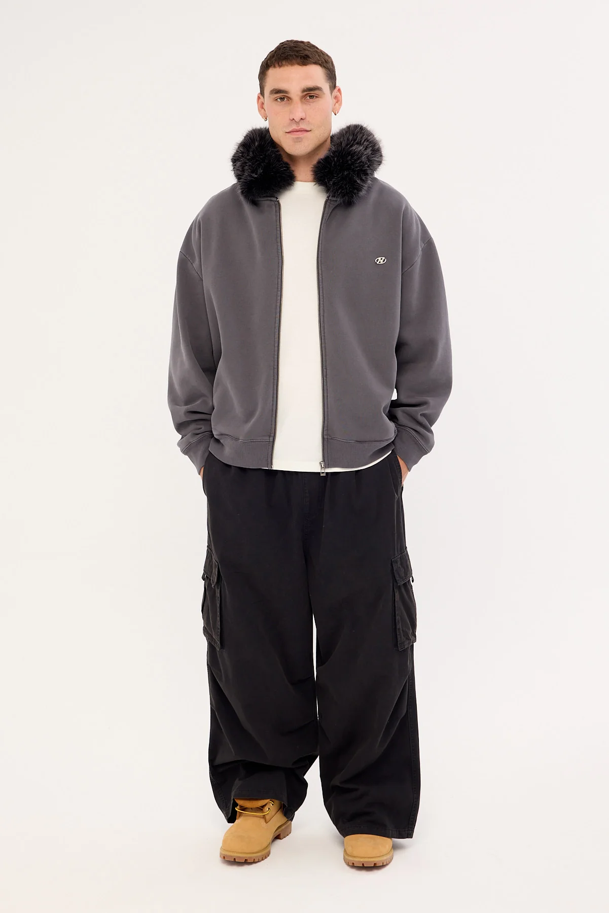 Neovision Frosted Faux Fur Zip Through Street Hoodie Washed Black - Image 3