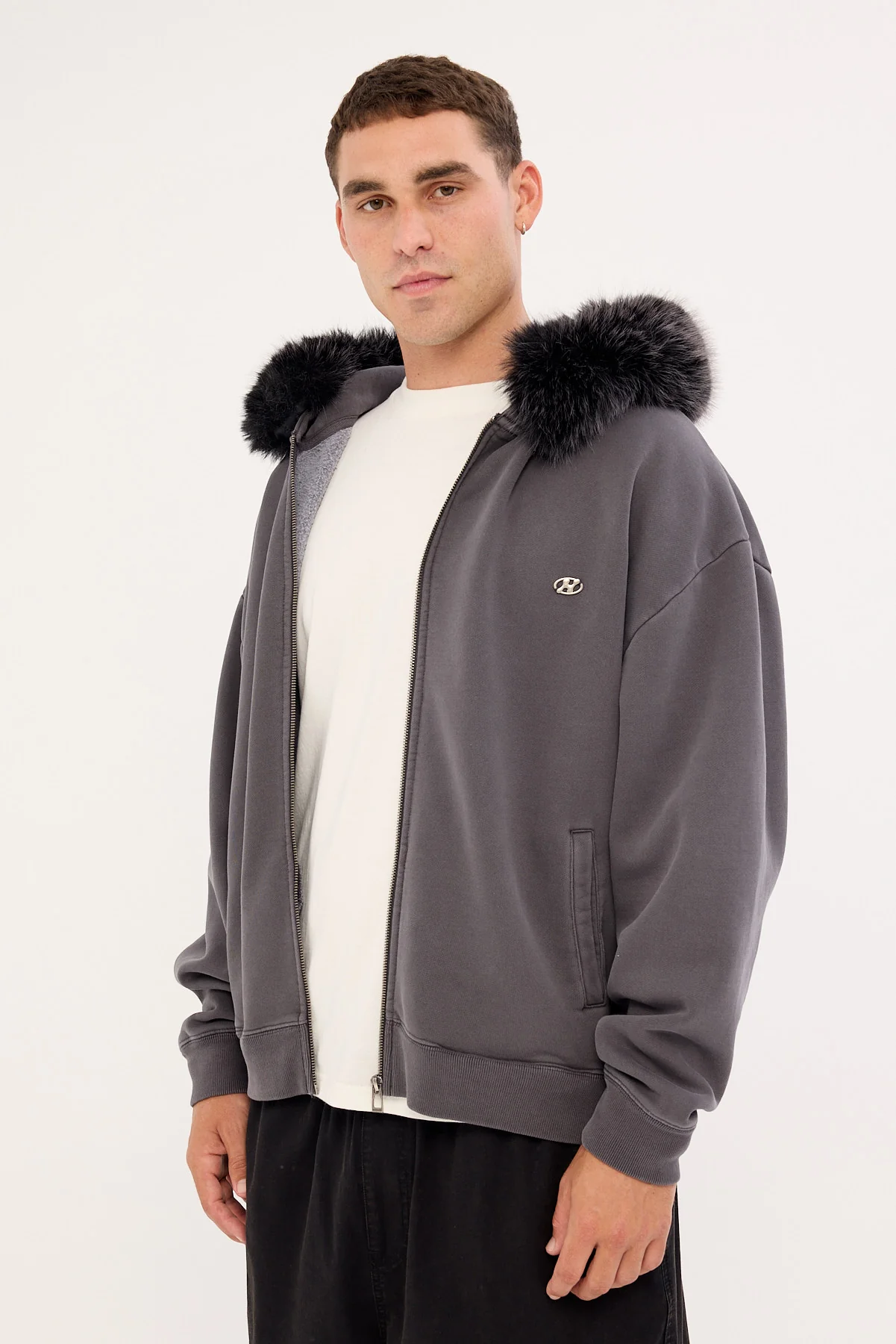 Neovision Frosted Faux Fur Zip Through Street Hoodie Washed Black - Image 5