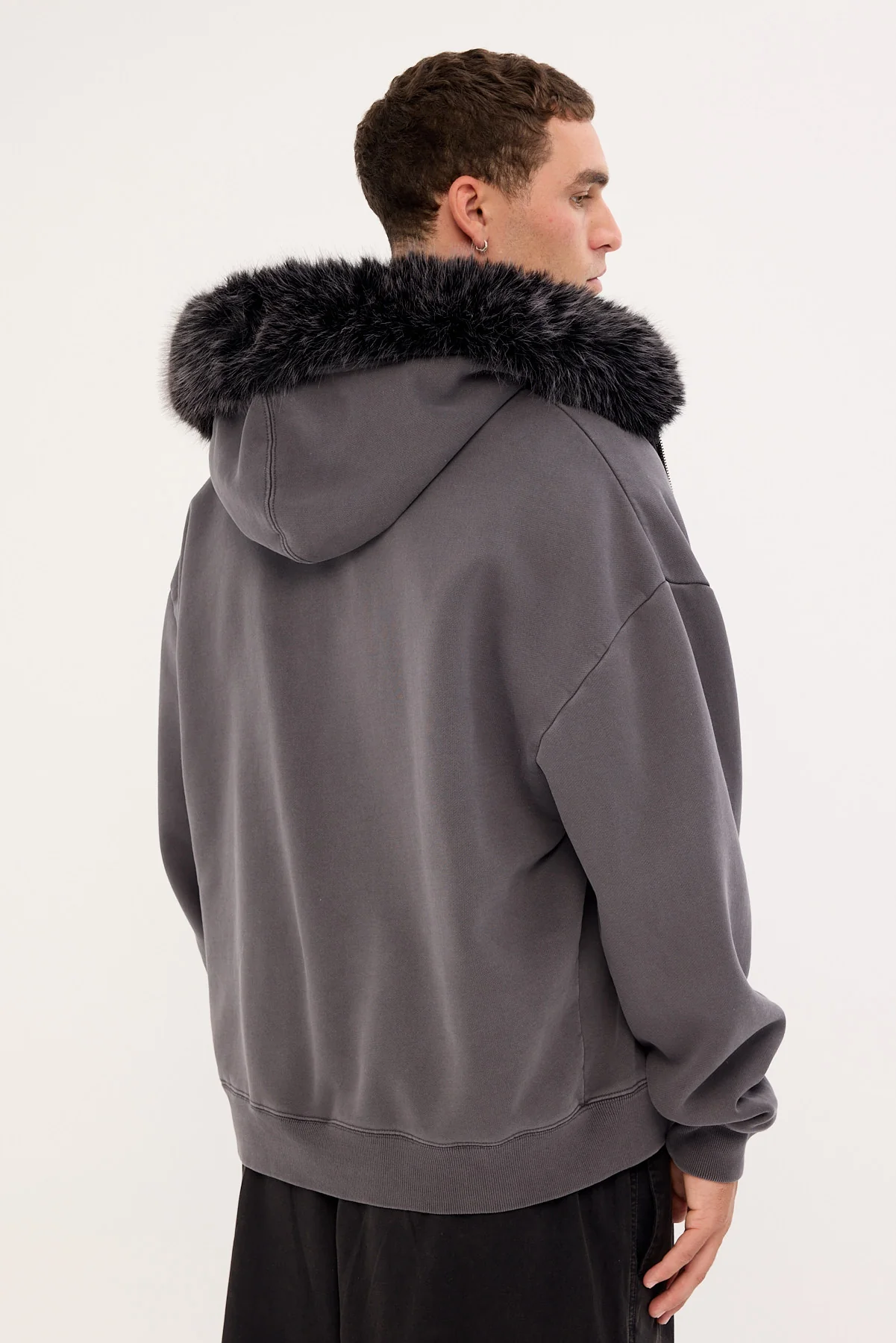 Neovision Frosted Faux Fur Zip Through Street Hoodie Washed Black - Image 6