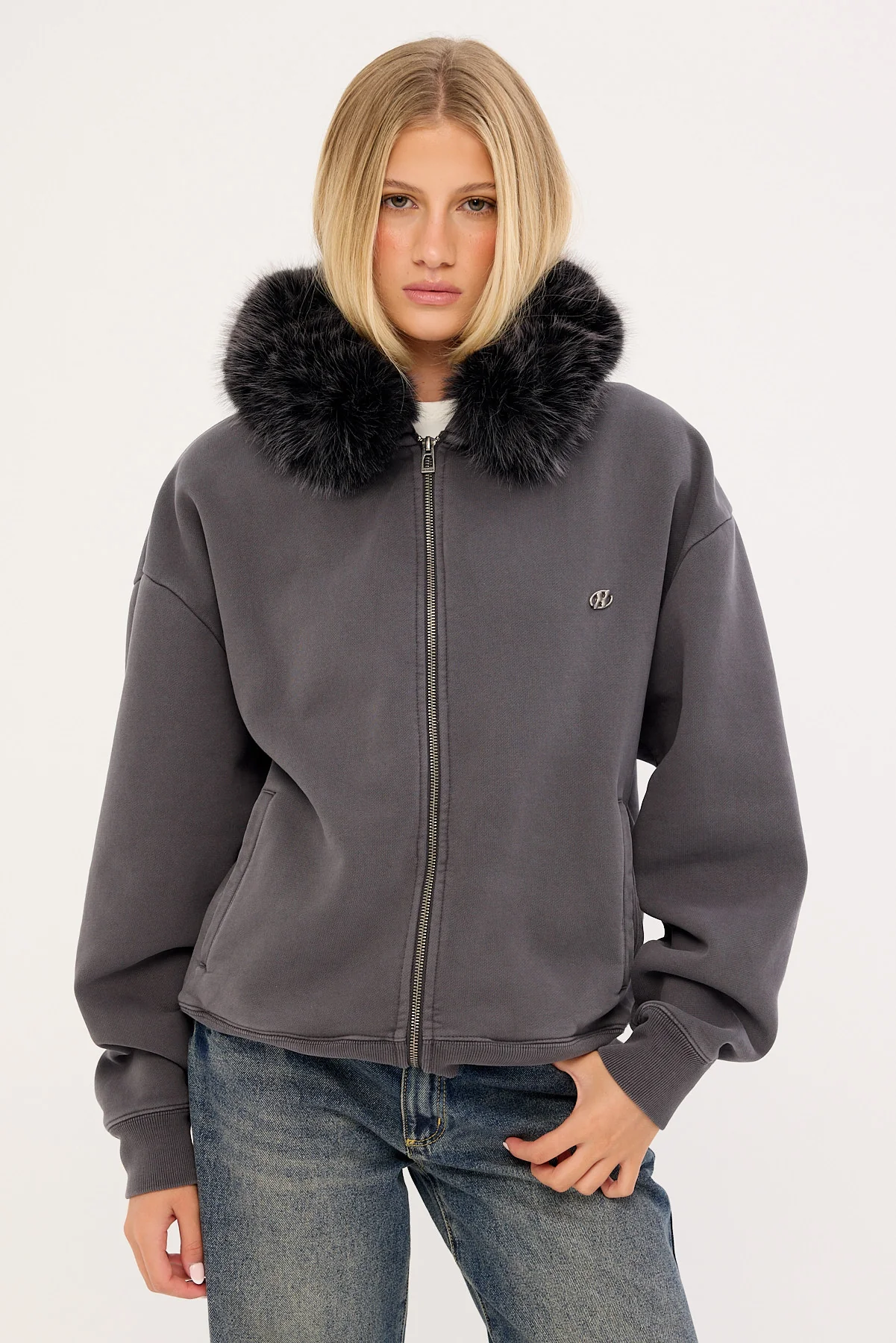 Neovision Frosted Faux Fur Zip Through Street Hoodie Washed Black - Image 8