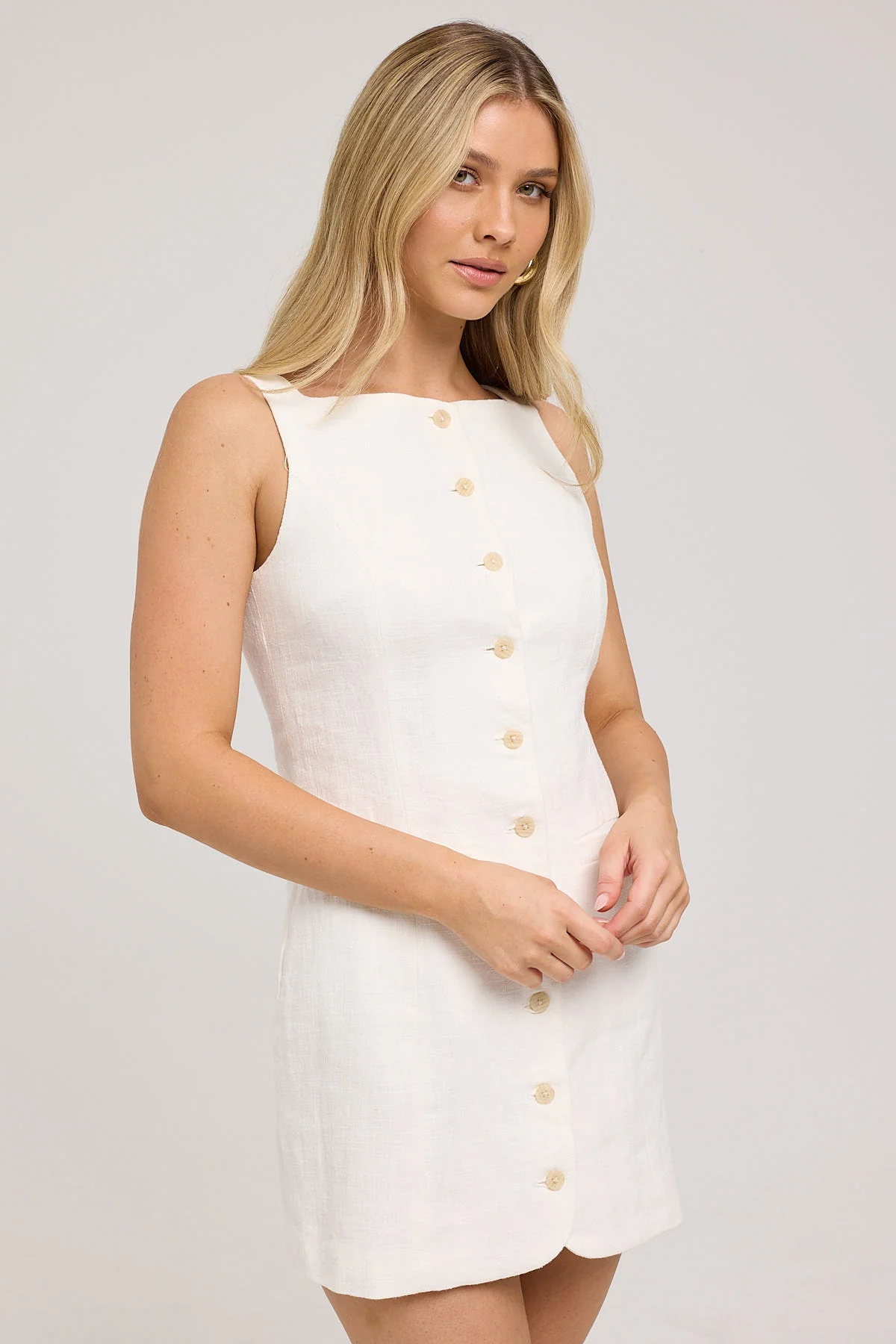 Perfect Stranger High Neck Button Up Linen Mini Dress White - Image 3
