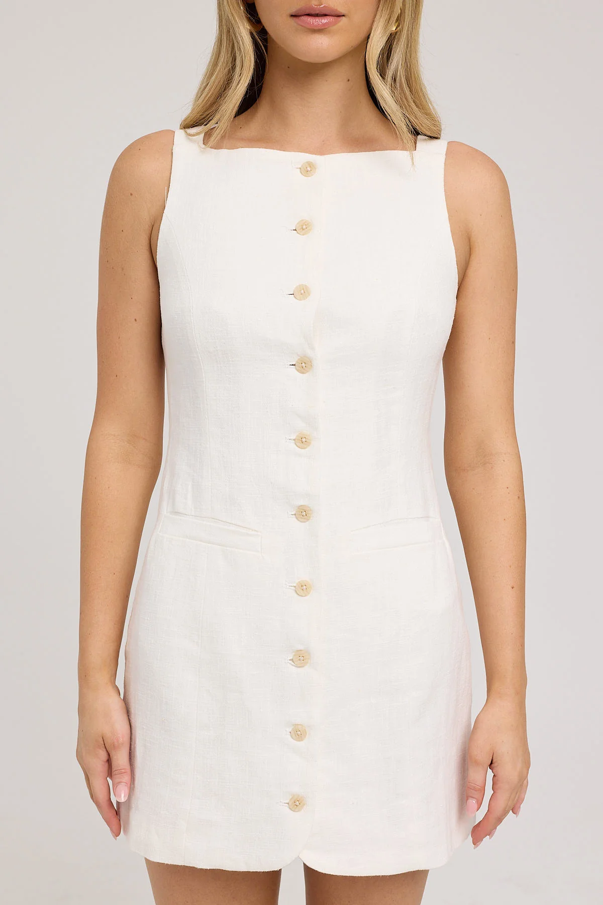 Perfect Stranger High Neck Button Up Linen Mini Dress White - Image 8