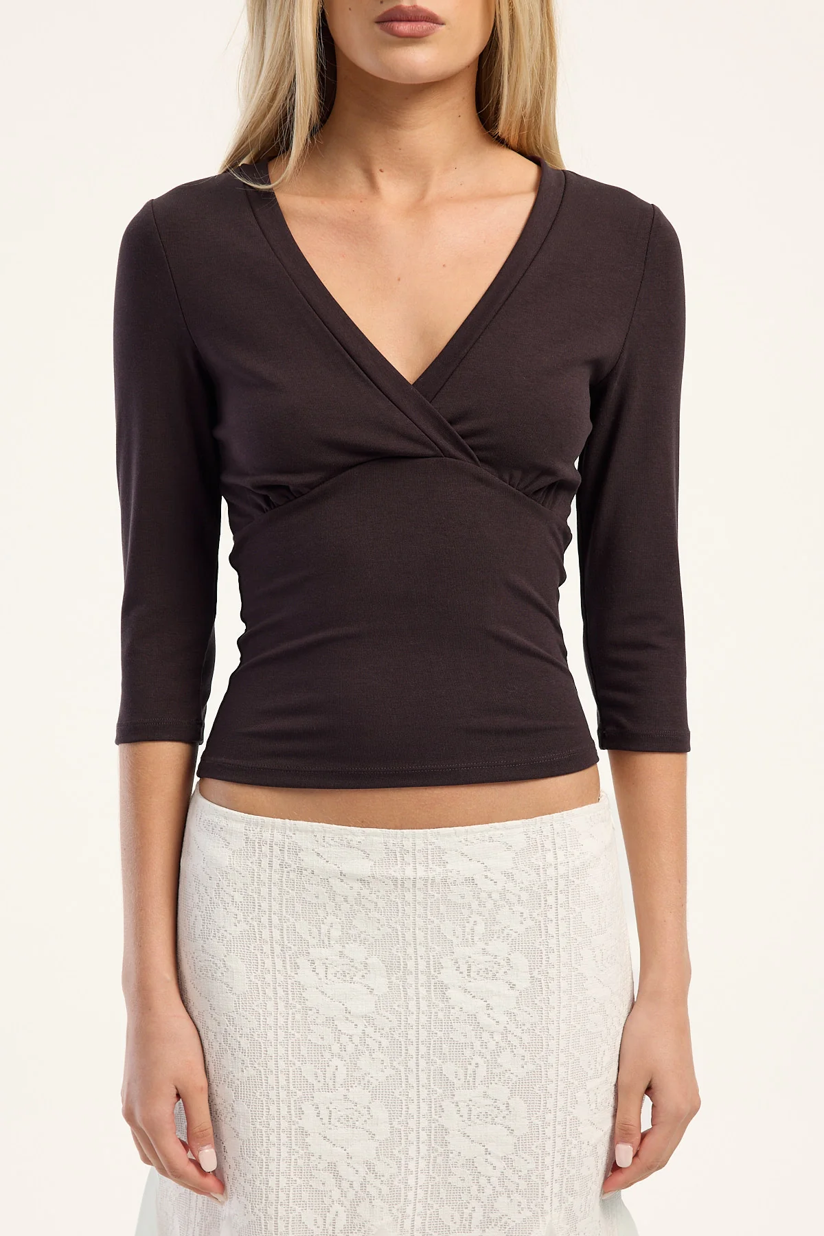 Perfect Stranger Mara V Neck 3/4 Sleeve T-Shirt Dark Plum - Image 6
