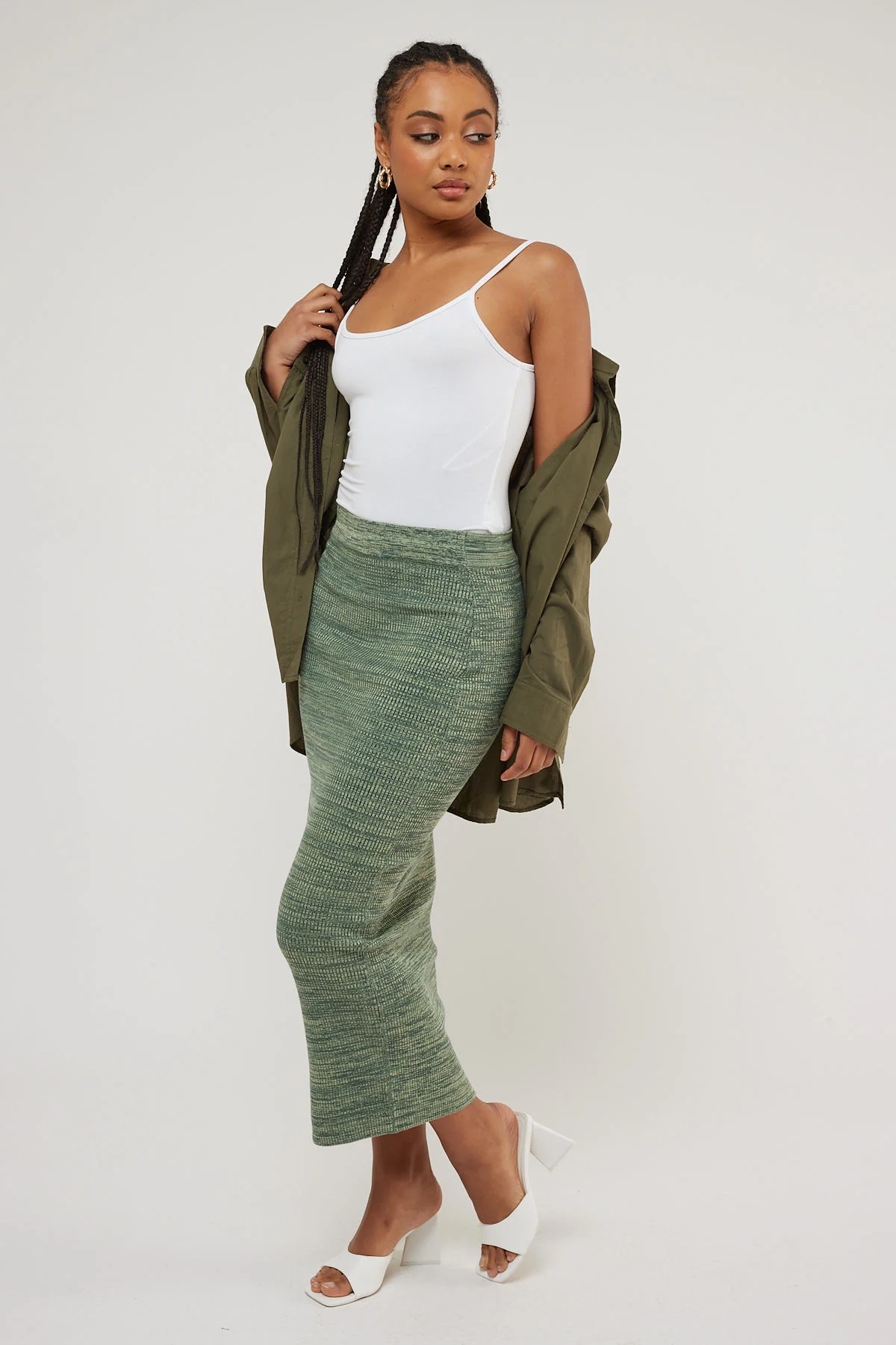 Perfect Stranger Two Tone Knit Midi Skirt Khaki - Image 3