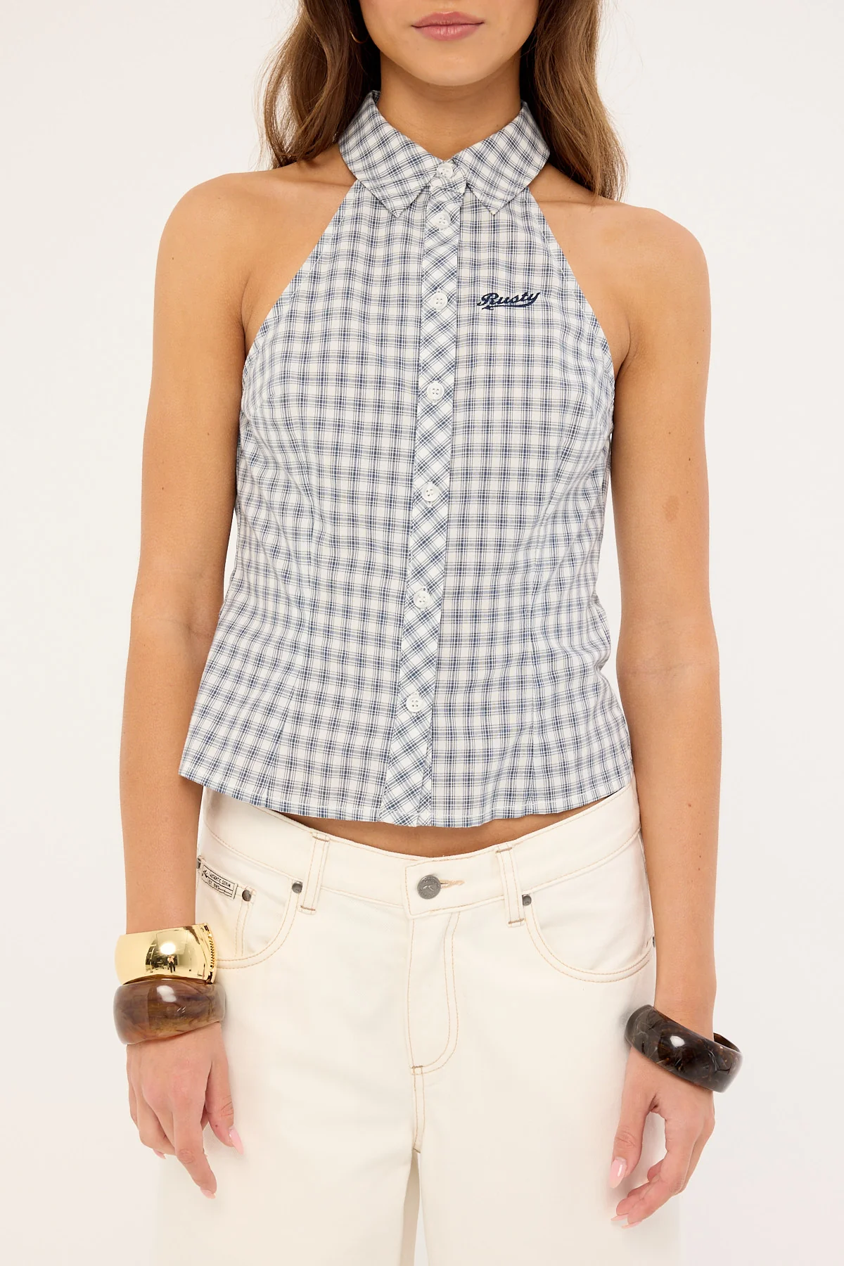 Rusty Missy May Sleeveless Check Shirt Egret Blue Check - Image 8