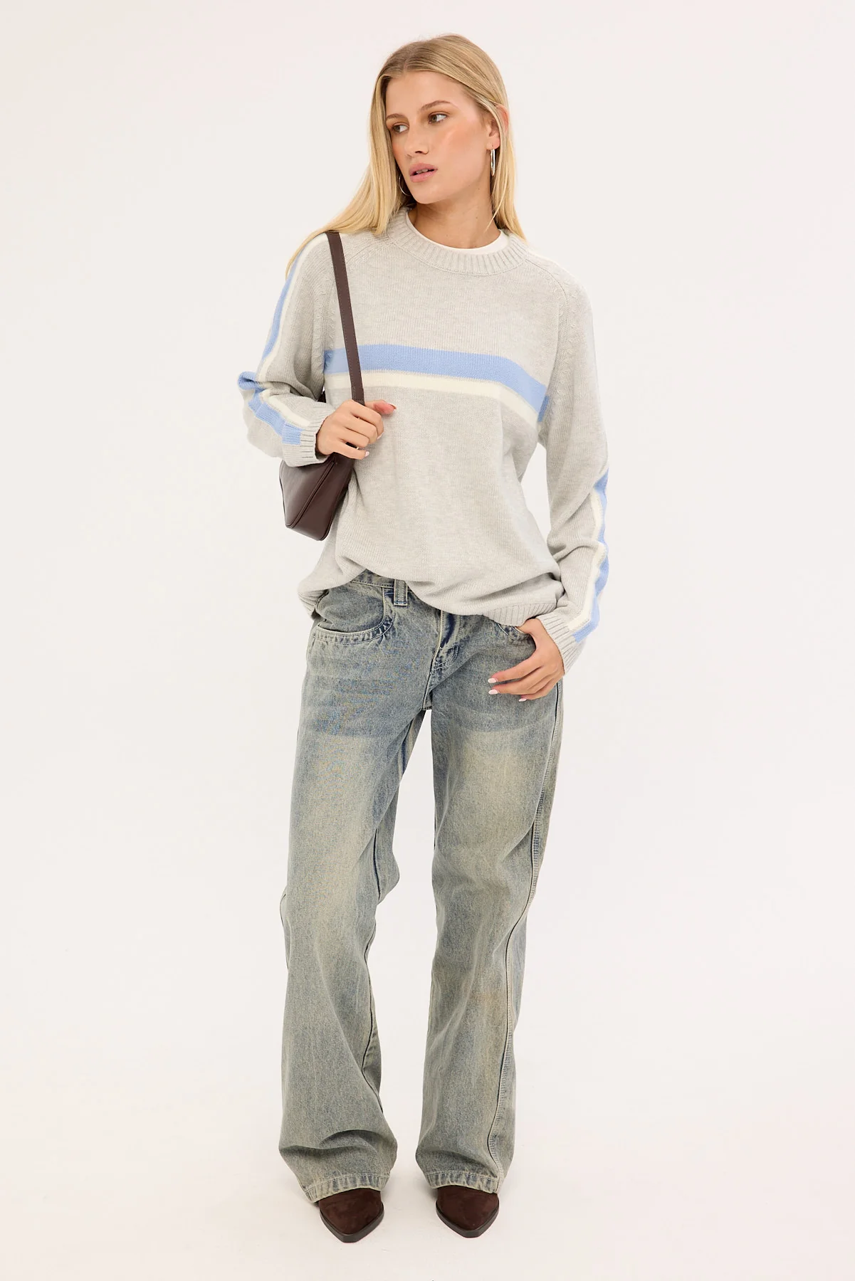 Rusty White Lines Long Sleeve Crew Neck Knit Grey Marle/Blue - Image 2
